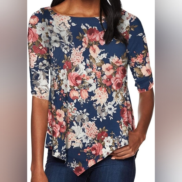 Star Vixen Sz S Blue, Pink Floral Pattern with Gathered Sleeves Asymmetrical Hem - Picture 10 of 10